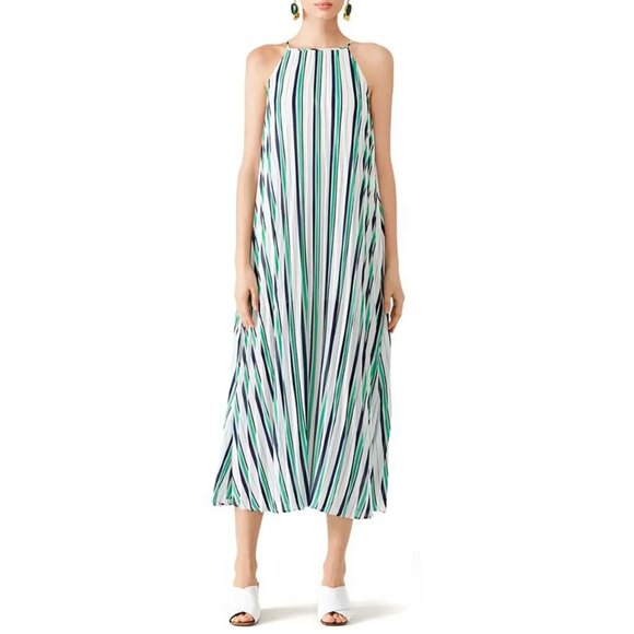 Line + Dot Striped Cruz Pleat Dress Maxi Shift Oversized White Green Navy Small - Picture 1 of 15